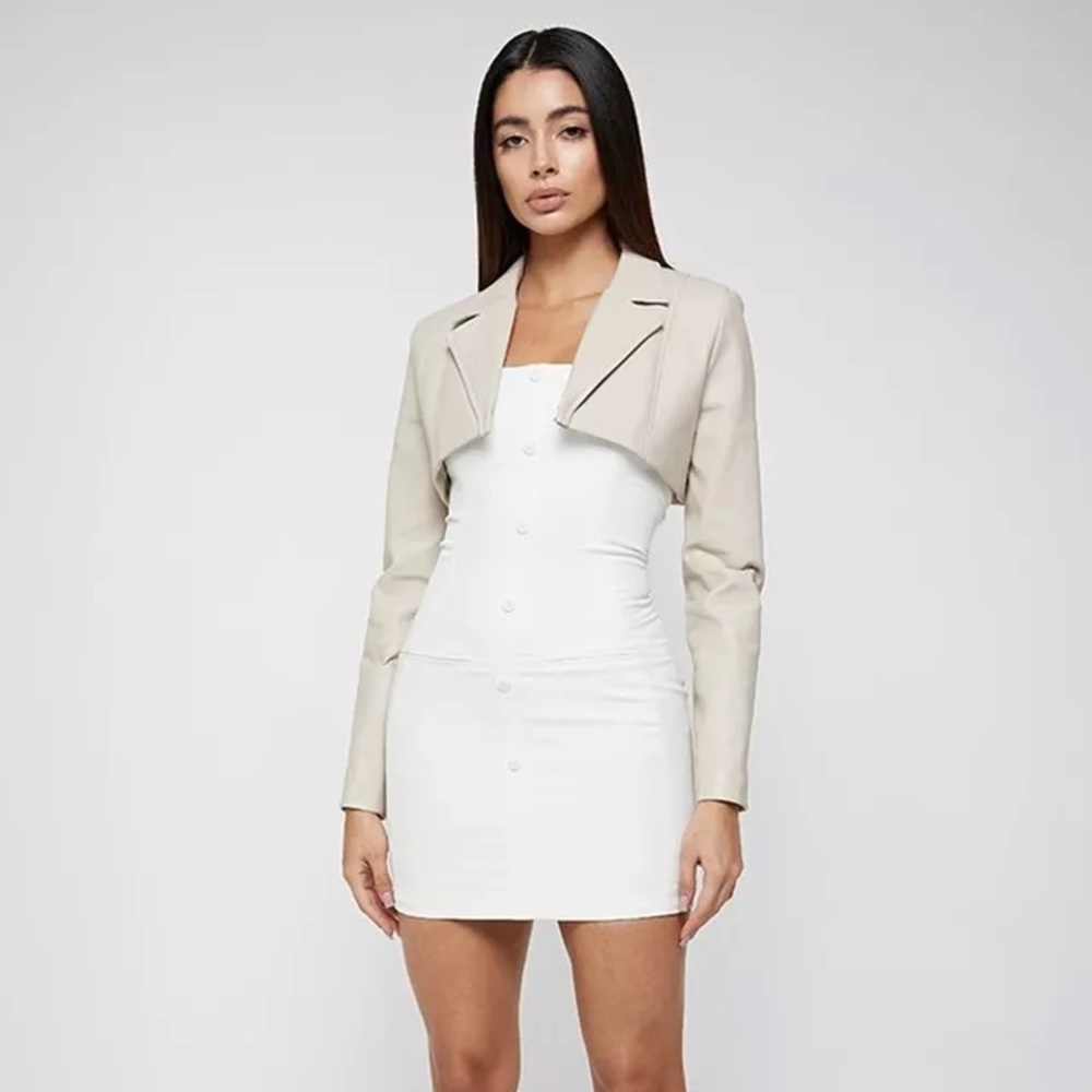 Manière De Voir Vegan Leather Blazer Overlay Dress - Beige
